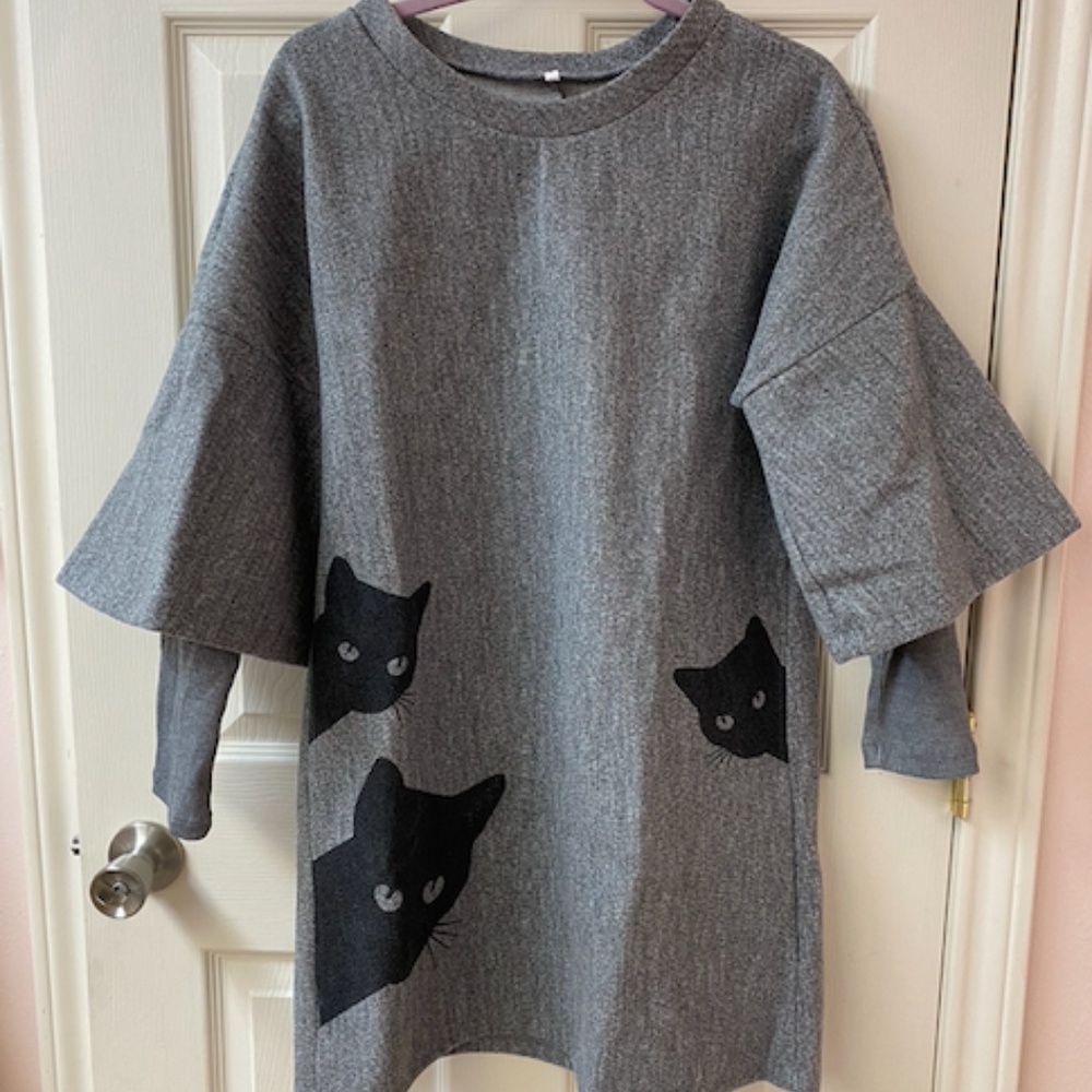 Black cat gray sweater dress
